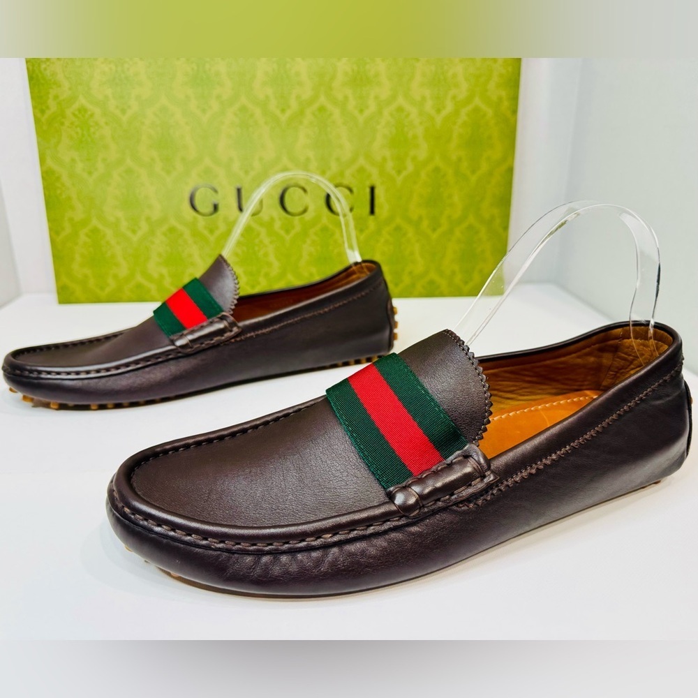 Men’s Gucci Web Accent Leather Drivers Moccasin Dark Brown Size 8.5 New no Box! - Picture 1 of 16